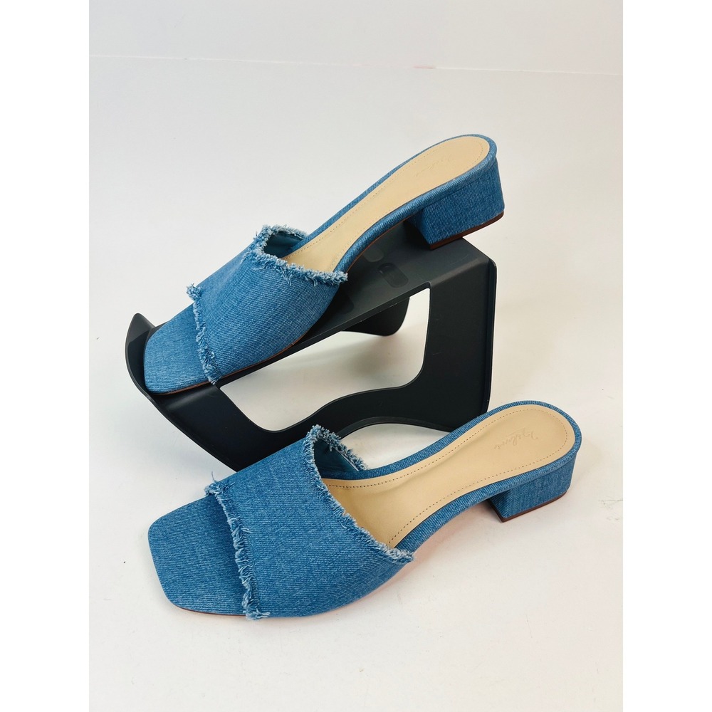 22élevé Women's Light Denim Frayed Block Heel Mules Square Toe Sandals Size 10.5